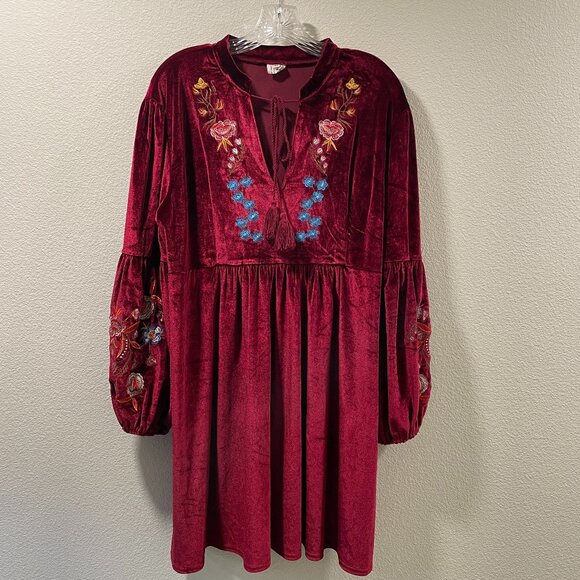 (NEW) ASA FASHION Velvet Embroidered Lantern Sleeve Boho Mini, Deep Red - XXL - Picture 1 of 11